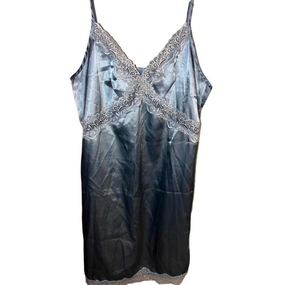 Blue Satin Lace Trim Chemise Nightgown V-Neck‎ Spaghetti Strap Slip Dress Medium